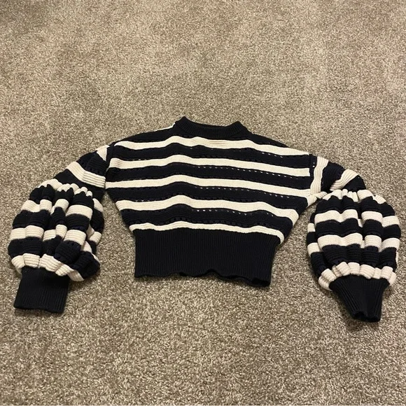 Self Portrait Balloon Sleeve Striped Sweater S cotton wool preppy quirky classic - Picture 2 of 6